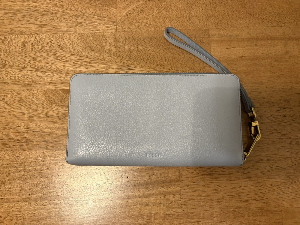 Fossil Caroline Leather Zip Around Wallet Horizon Blue Wristlet RFID Blocking